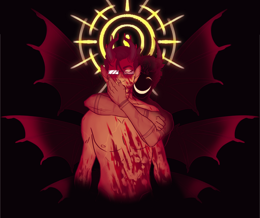 (OC) cover art for my playlist for both my OCs Guts and Ezra, "The Undertaker and The Six Winged Devil"