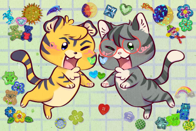 (Osomatsu-san) experimental gift art for Scribbsly (twt) of their yumeship karaly/rosebrew as cats