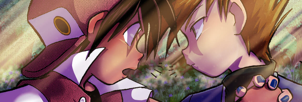 (Pokemon) panel edit of Red and Blue from Pokemon Adventures w/ my headcanons